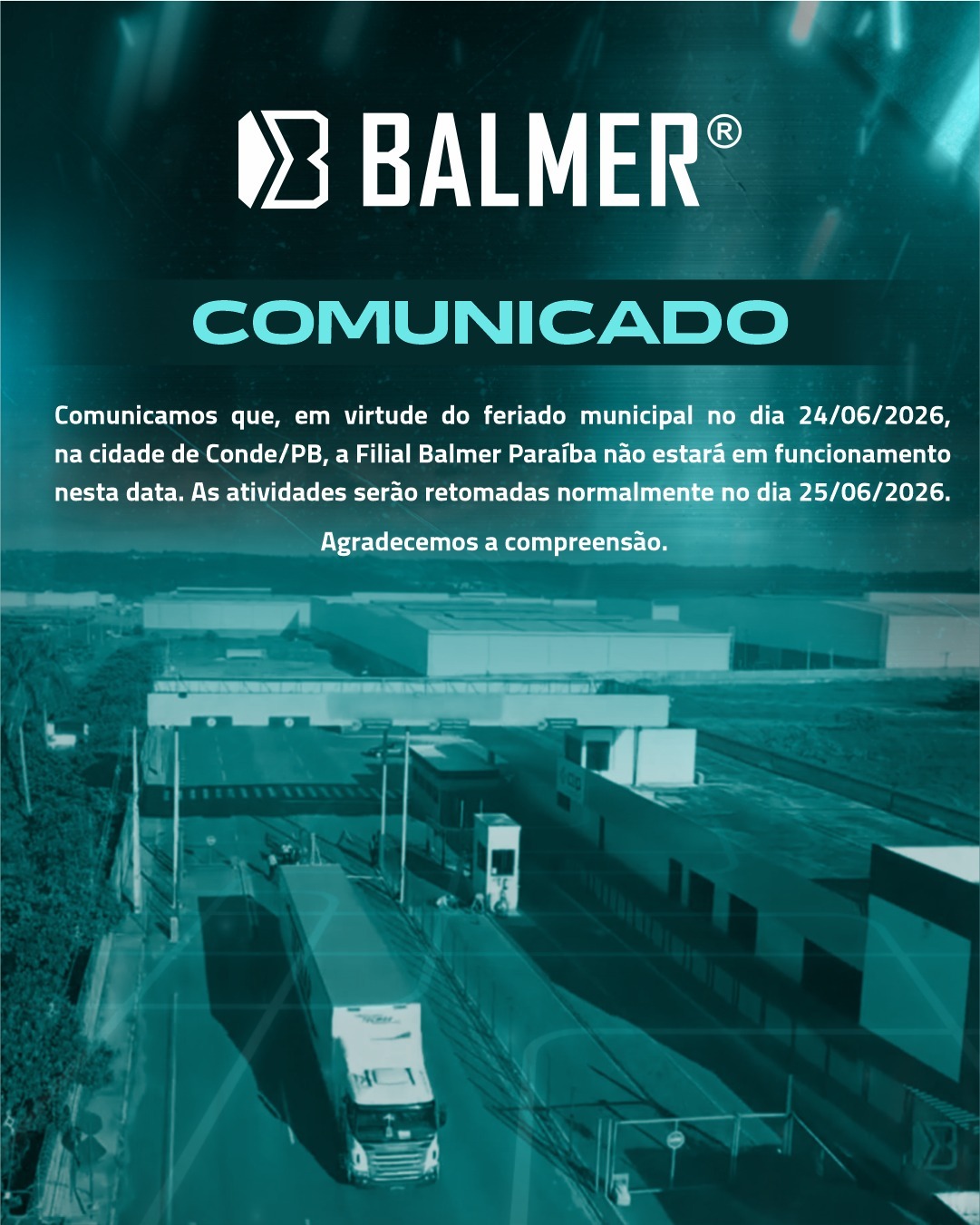 COMUNICADO - Feriado em Conde/PB 24/06/2026